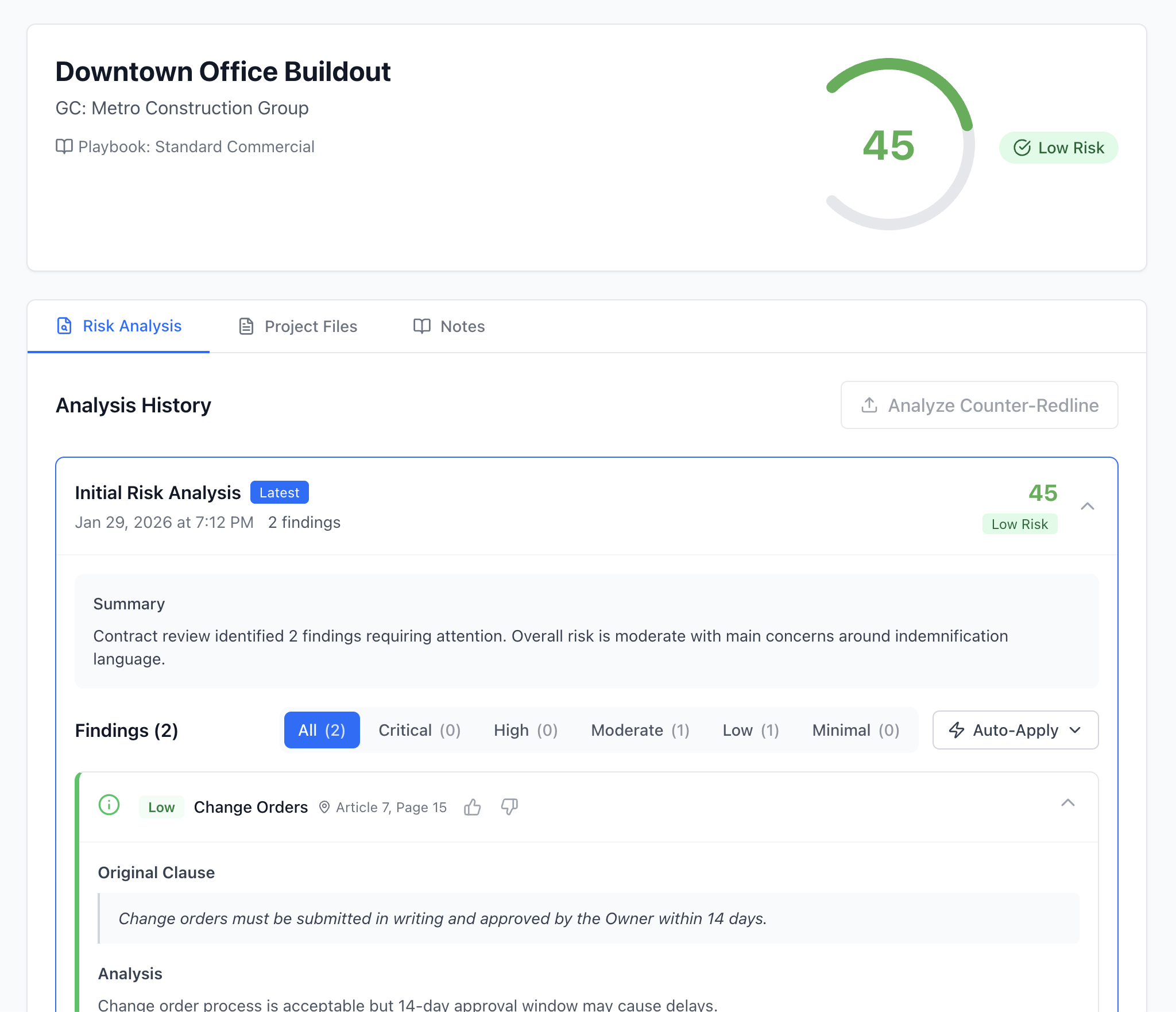 Redliner Pro contract analysis dashboard